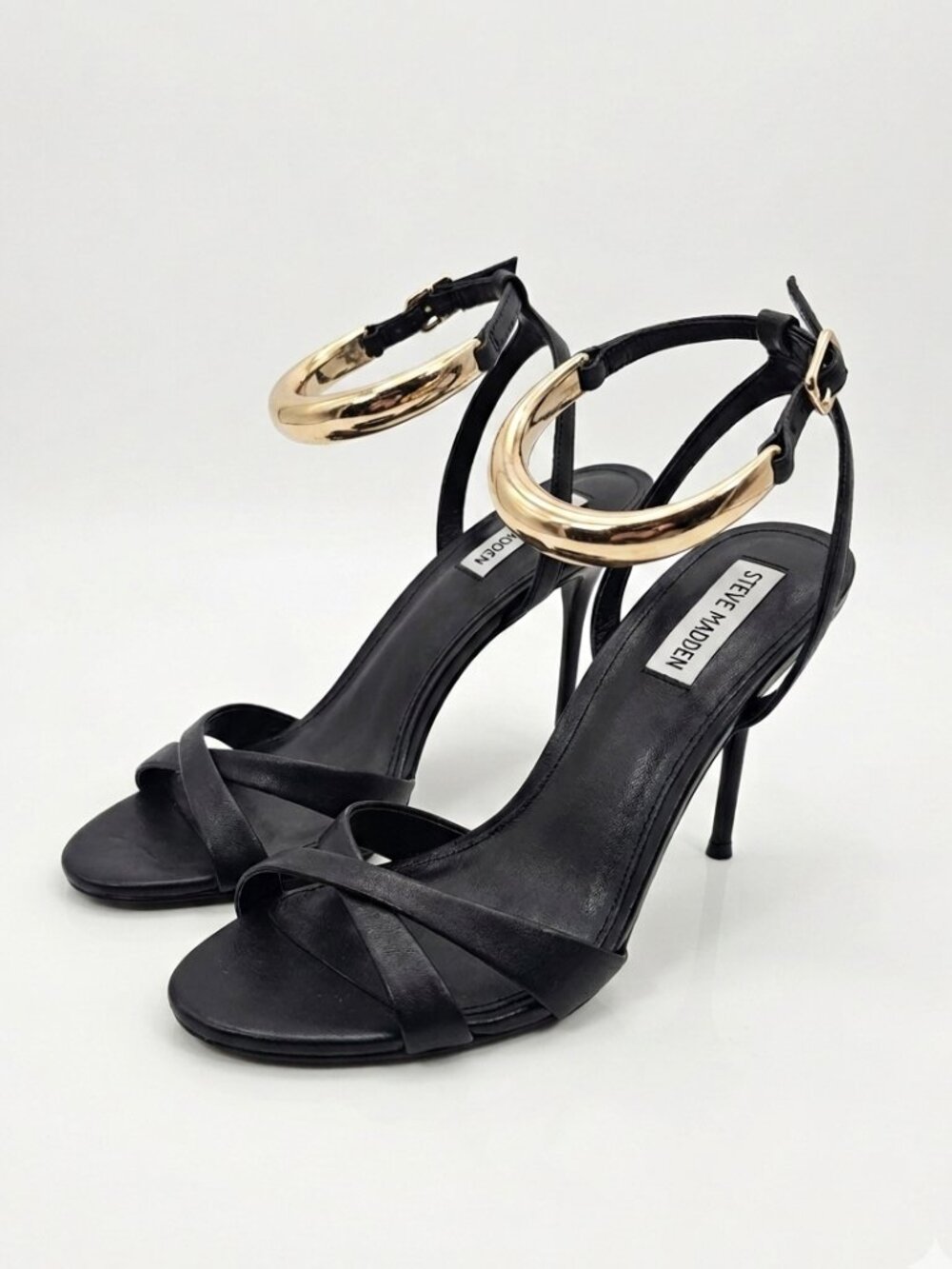 Steve Madden Dianna Leather Ankle Strap Stiletto Sandals Gold Black 10 Mobwife